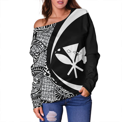Hawaii Off Shoulder Sweatshirt Kanaka Maoli Hawaiian Map Lauhala White Circle