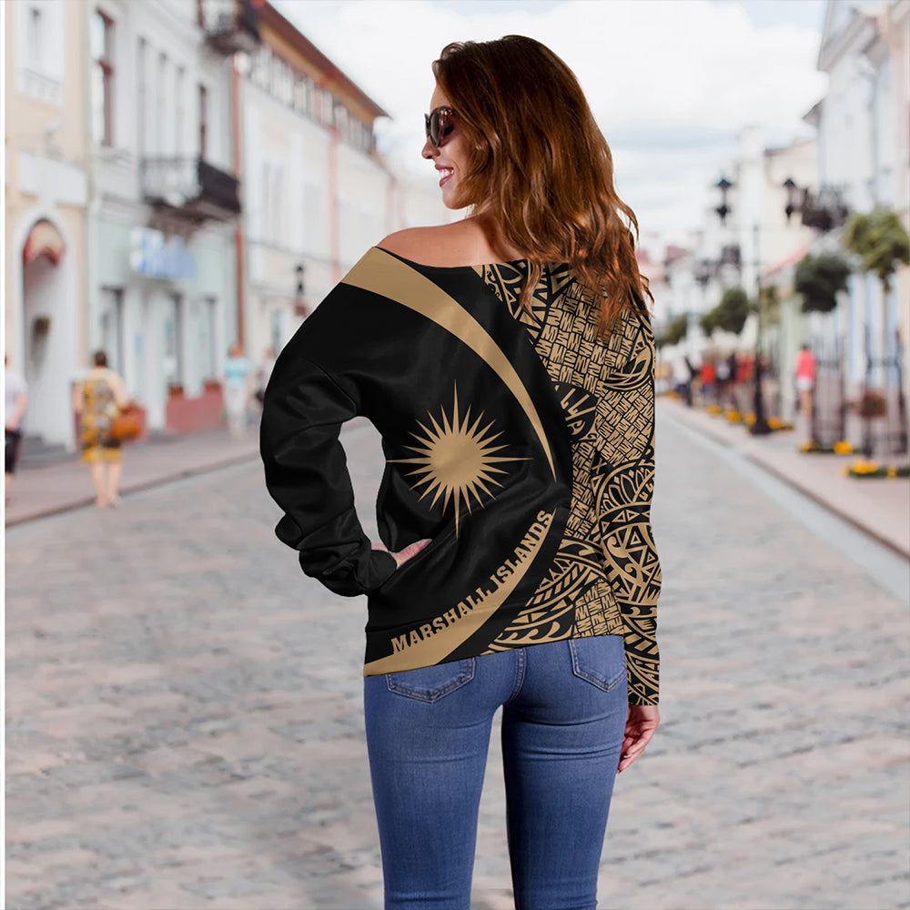Marshall Islands Off Shoulder Sweatshirt Coat Of Arm Lauhala Gold Circle
