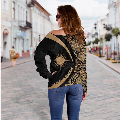 Marshall Islands Off Shoulder Sweatshirt Coat Of Arm Lauhala Gold Circle