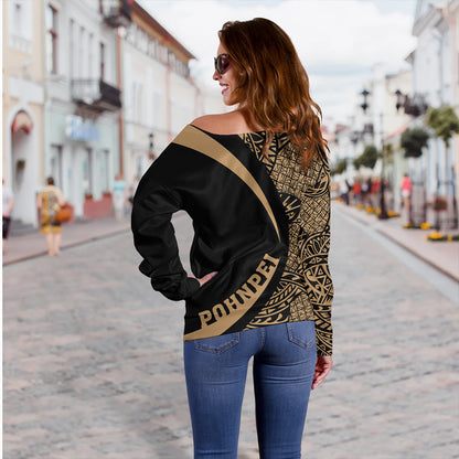 Pohnpei Off Shoulder Sweatshirt Coat Of Arm Lauhala Gold Circle