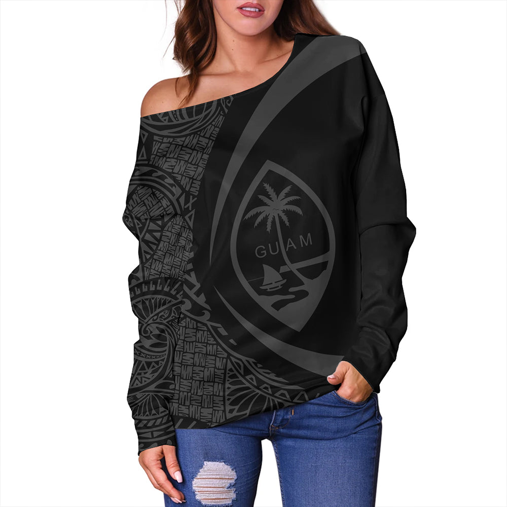Guam Off Shoulder Sweatshirt Coat Of Arm Lauhala Gray Circle