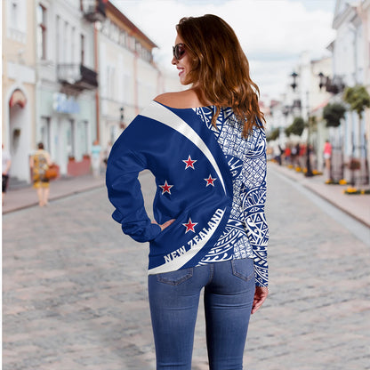 New Zealand Off Shoulder Sweatshirt Coat Of Arm Lauhala White Circle
