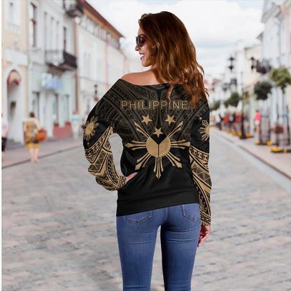Philippines Off Shoulder Sweatshirt Sun Star Warrior Style Gold