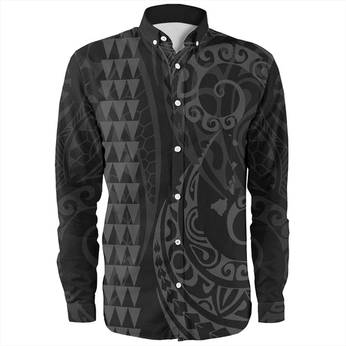 Hawaii Long Sleeve Shirt Hawaiian Map Kakau Style Gray