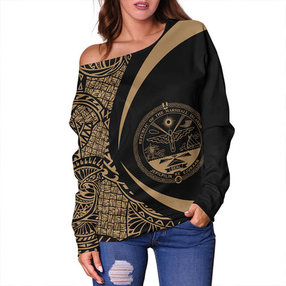 Marshall Islands Off Shoulder Sweatshirt Coat Of Arm Lauhala Gold Circle