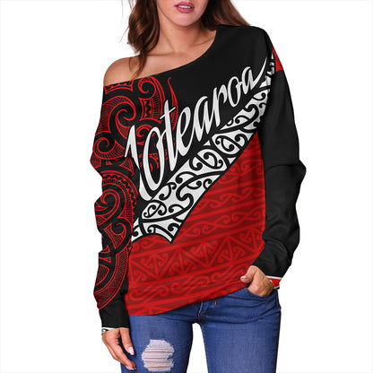 New Zealand Off Shoulder Sweatshirt Aotearoa Maori Flag Puhoro Pattern