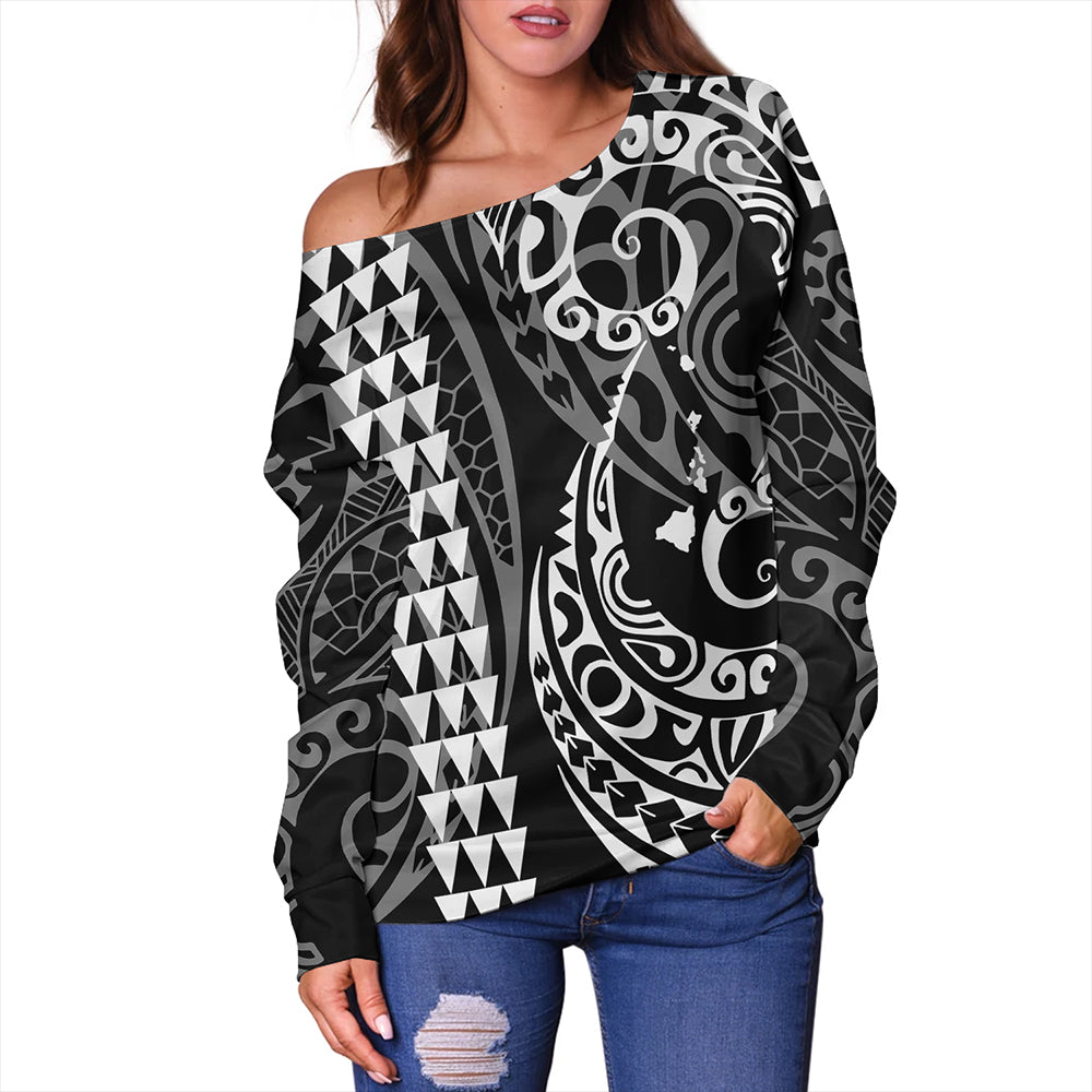 Hawaii Off Shoulder Sweatshirt Hawaiian Map Kakau Style White