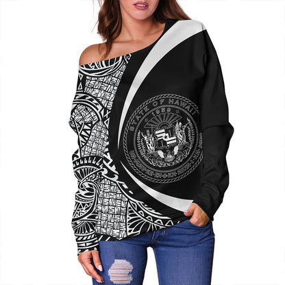 Hawaii Off Shoulder Sweatshirt Coat Of Arm Lauhala White Circle