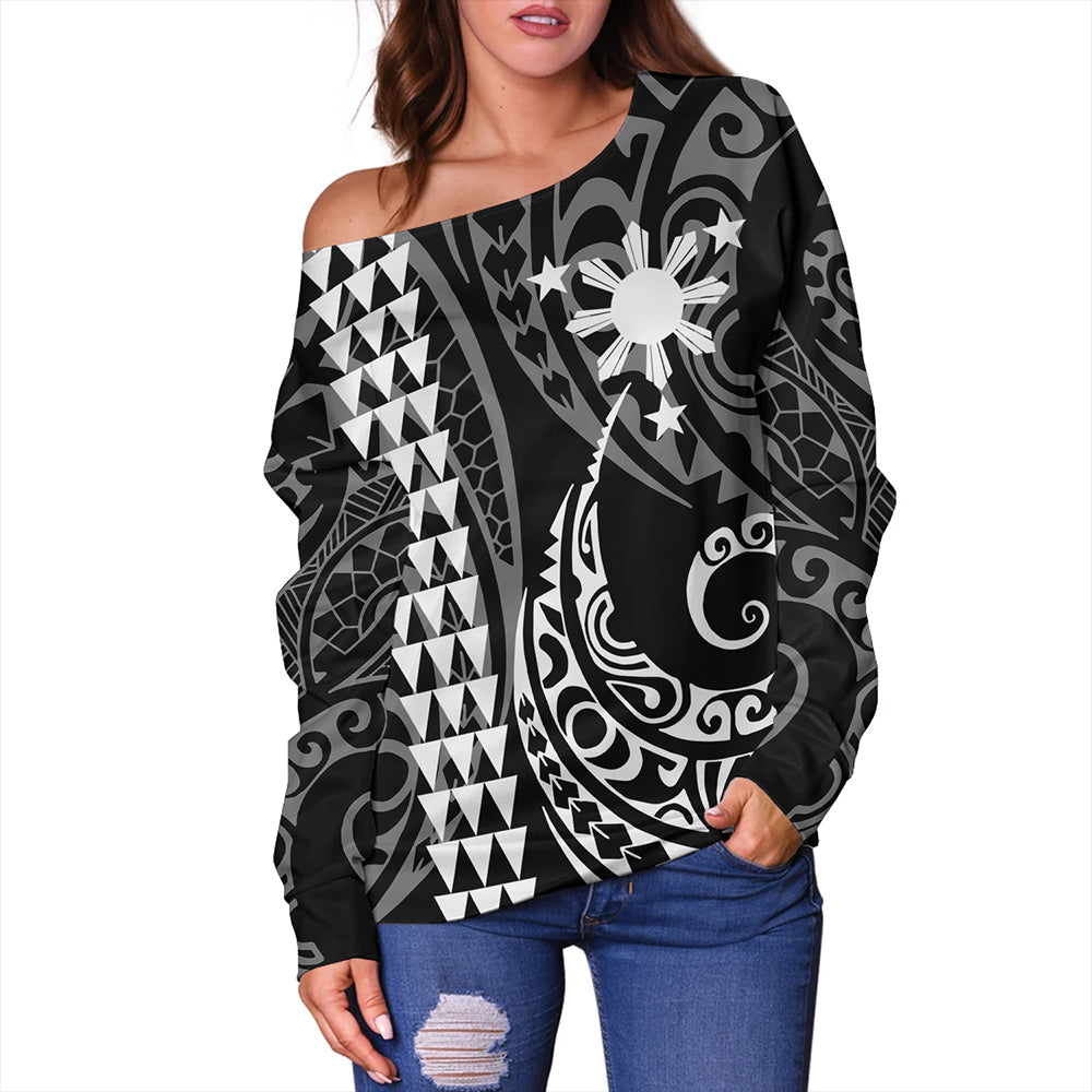 The Philippines Off Shoulder Sweatshirt Sun White Kakau Style
