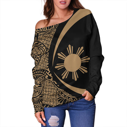 Philippines Off Shoulder Sweatshirt Coat Of Arm Lauhala Gold Circle