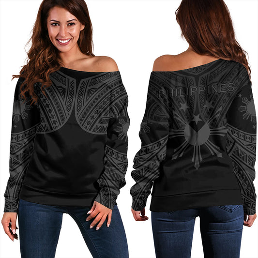 Philippines Off Shoulder Sweatshirt Sun Star Warrior Style Gray