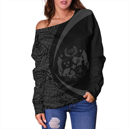 Tonga Off Shoulder Sweatshirt Coat Of Arm Lauhala Gray Ver 2 Circle