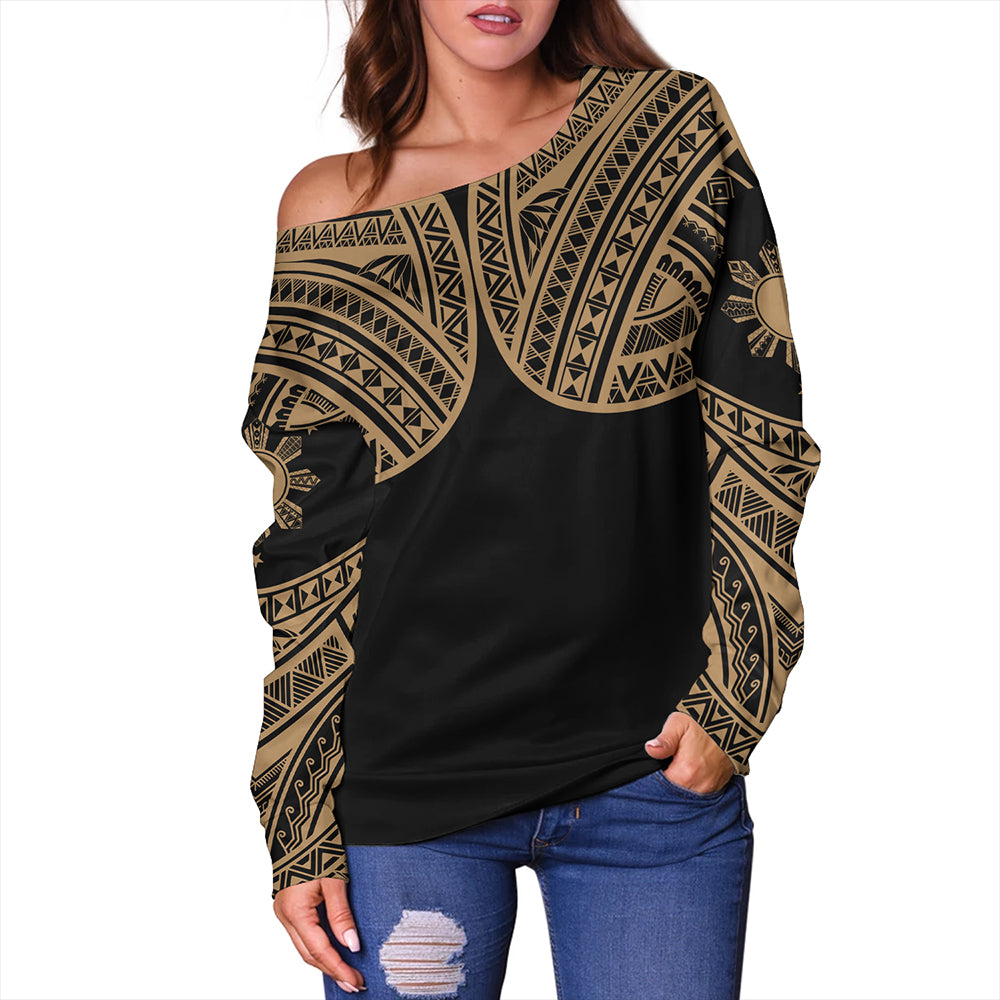 Philippines Off Shoulder Sweatshirt Sun Star Warrior Style Gold
