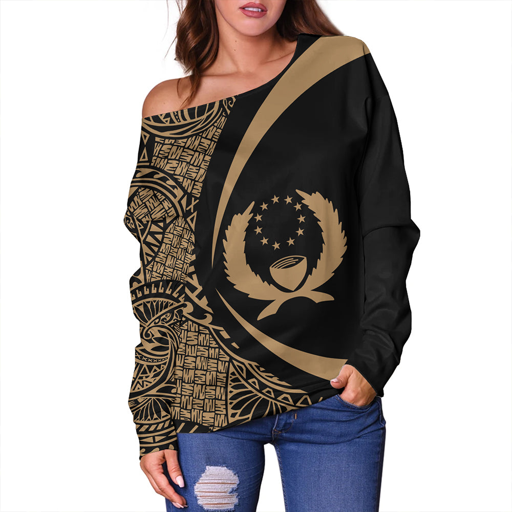 Pohnpei Off Shoulder Sweatshirt Coat Of Arm Lauhala Gold Circle
