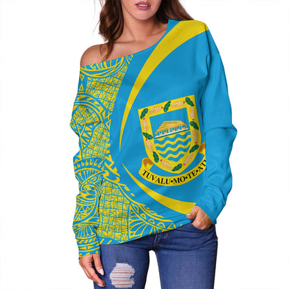 Tuvalu Off Shoulder Sweatshirt Coat Of Arm Lauhala Circle
