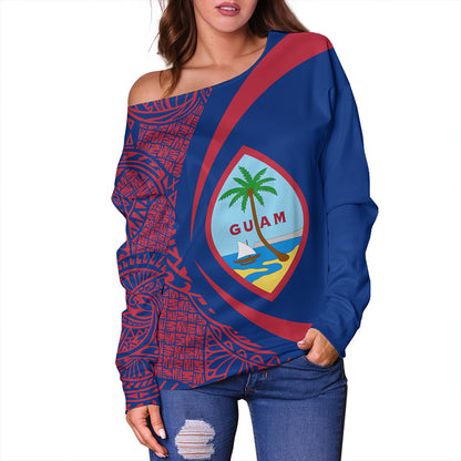 Guam Off Shoulder Sweatshirt Coat Of Arm Lauhala Circle