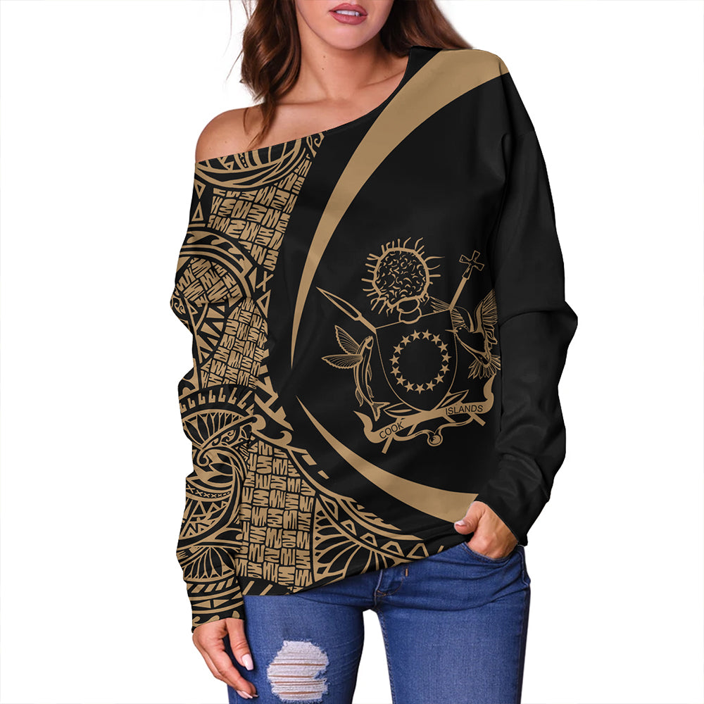 Cook Islands Off Shoulder Sweatshirt Coat Of Arm Lauhala Gold Circle