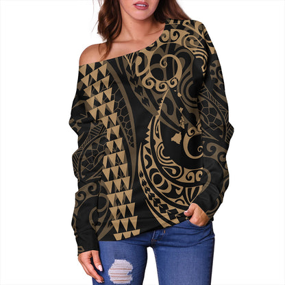 Hawaii Off Shoulder Sweatshirt Hawaiian Map Kakau Style Gold