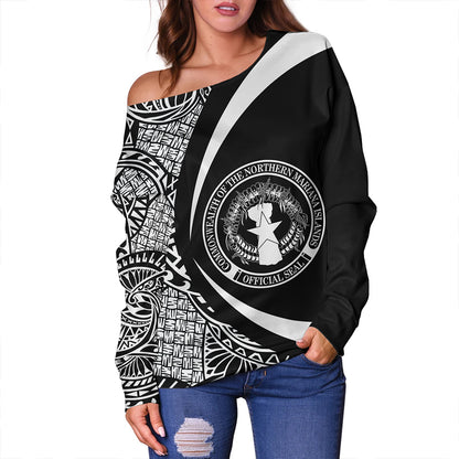 Northern Mariana Islands Off Shoulder Sweatshirt Coat Of Arm Lauhala White Circle