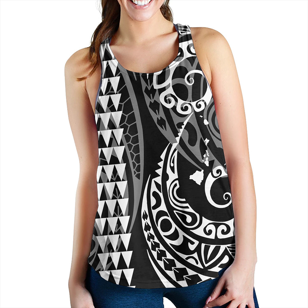 Hawaii Women Tank Hawaiian Map Kakau Style White