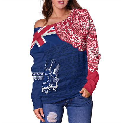 Cook Islands Off Shoulder Sweatshirt Polynesian Flag With Coat Of Arms