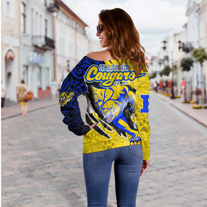 Hawaii Off Shoulder Sweatshirt Custom Henry J. Kaiser High School Super Cougar Arm Sleeve Polynesian Tattoo