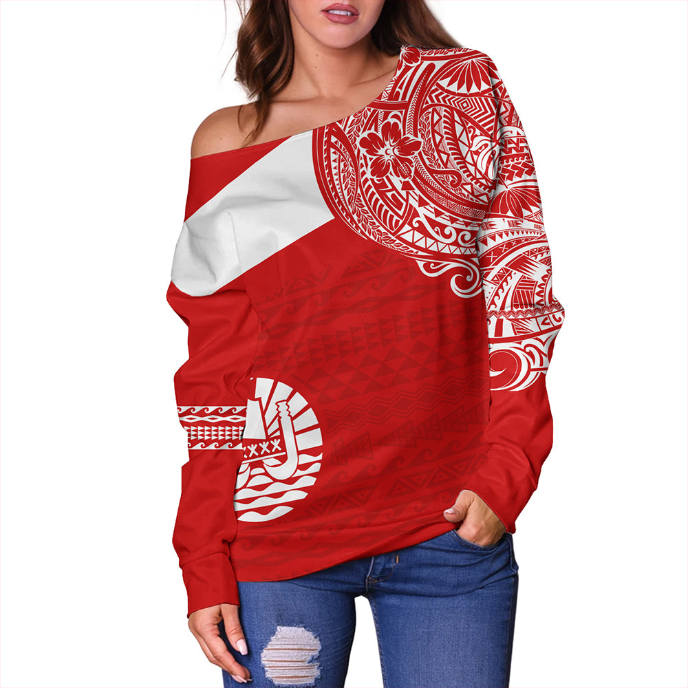 Polynesian Off Shoulder Sweatshirt Tahiti Flag With Coat Of Arms