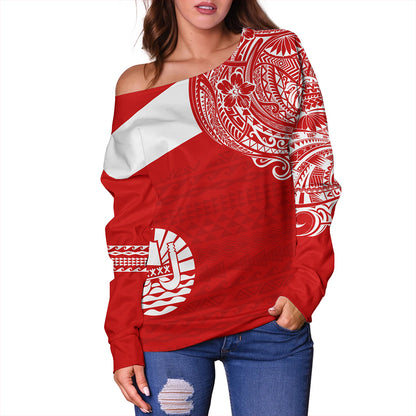 Polynesian Off Shoulder Sweatshirt Tahiti Flag With Coat Of Arms