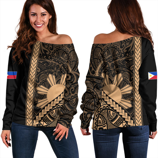 Philippines Off Shoulder Sweatshirt Tribal Polynesian Sun Gold