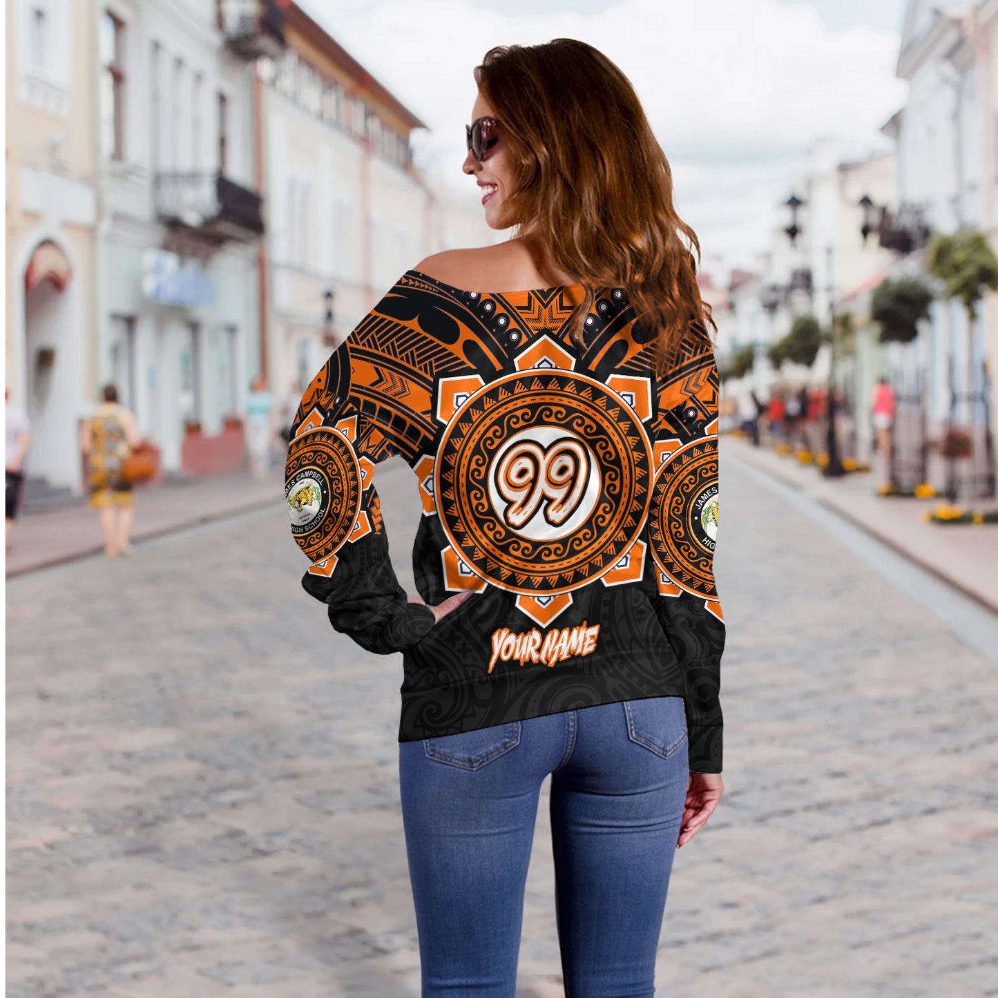 Hawaii Off Shoulder Sweatshirt - Custom James Campbell High School SaberNation Super Sabers Tribal Style