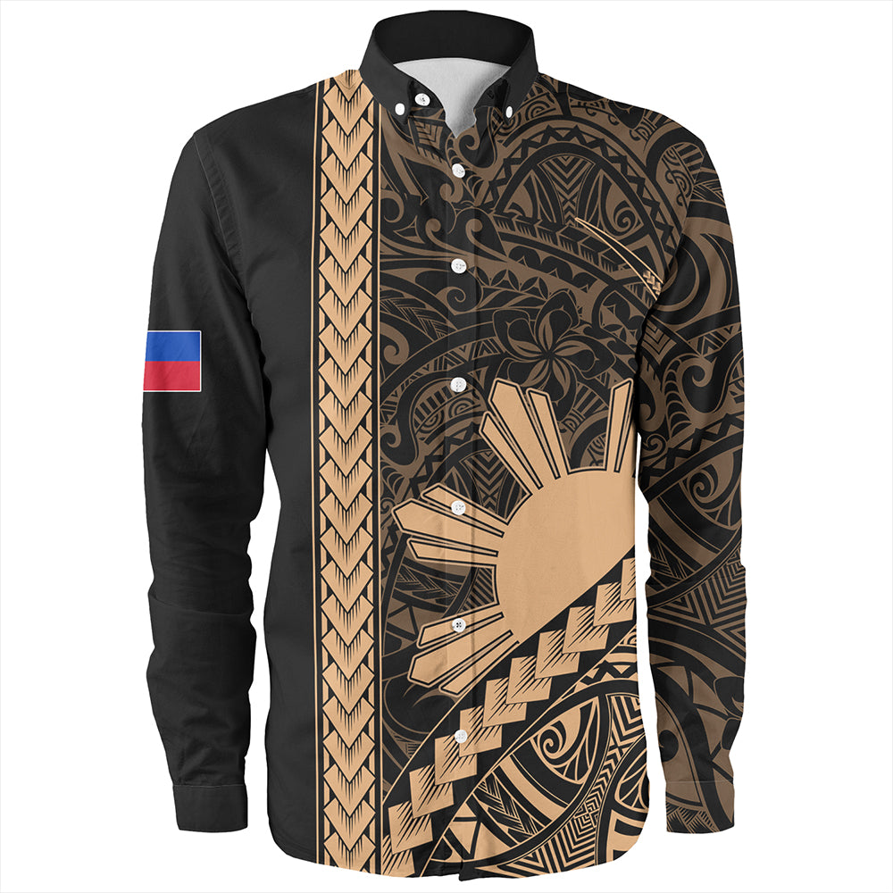 Philippines Long Sleeve Shirt Tribal Polynesian Sun Gold
