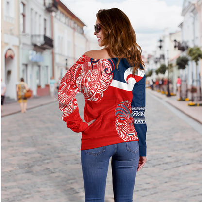 New Zealand Off Shoulder Sweatshirt Tino Rangatiratanga Maori Mask