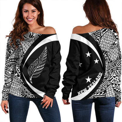 New Zealand Off Shoulder Sweatshirt Silver Fern Lauhala White Circle