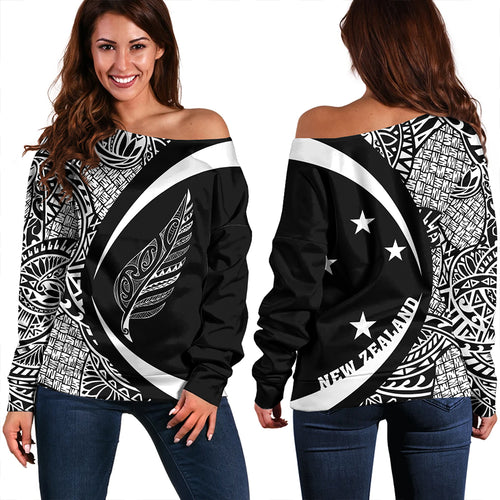 New Zealand Off Shoulder Sweatshirt Silver Fern Lauhala White Circle