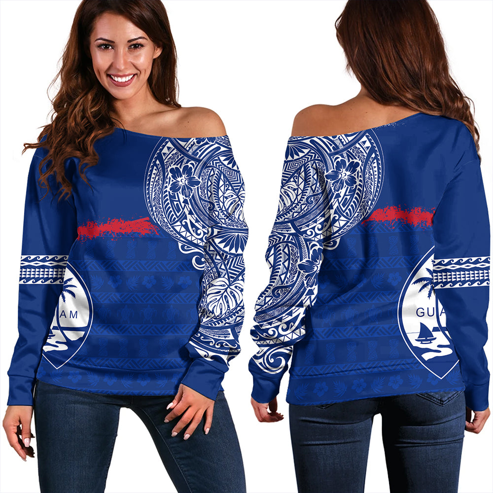 Guam Off Shoulder Sweatshirt Polynesian Flag With Coat Of Arms