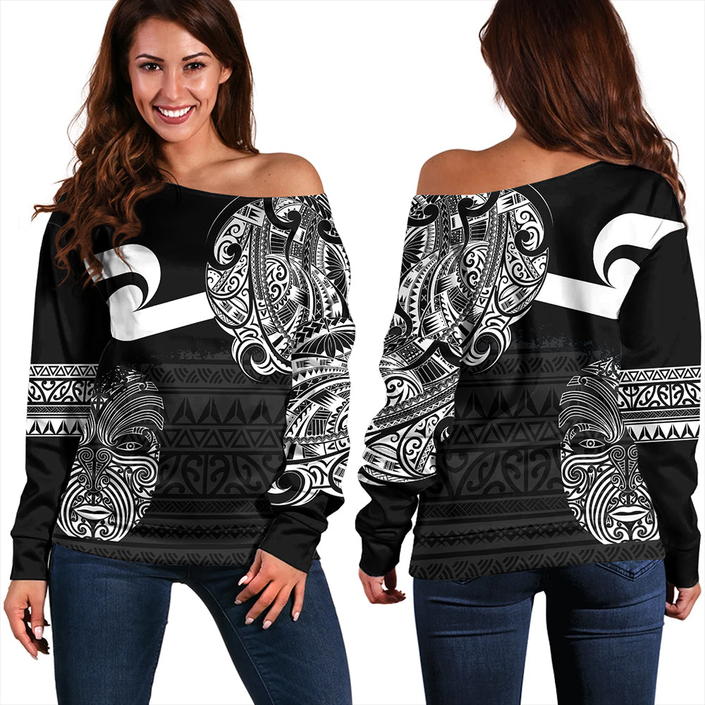 New Zealand Off Shoulder Sweatshirt Tino Rangatiratanga Maori Mask Black