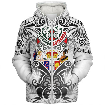New Zealand Aotearoa Sherpa Hoodie Maori Traditional Hongi - The Breath Of Life Coat Of Arms Tribal Patterns