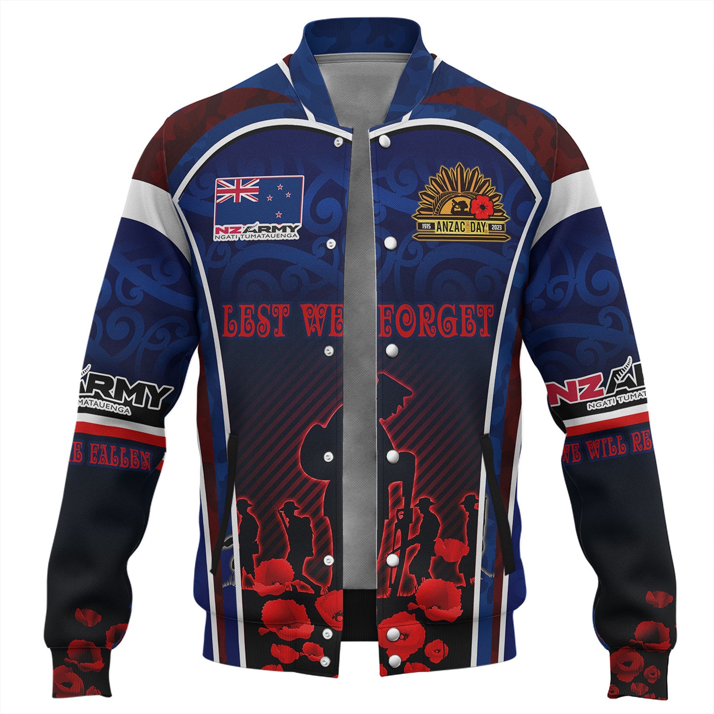 New Zealand Baseball Jacket Custom New Zealand Army Keeping Anzac Spirit Lives Poppies Maori Style