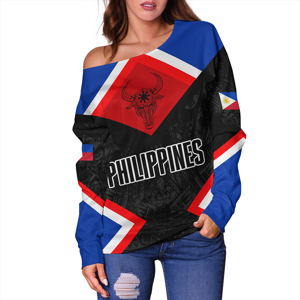 Philippines Off Shoulder Sweatshirt Water Buffalo Sun Tribal Style