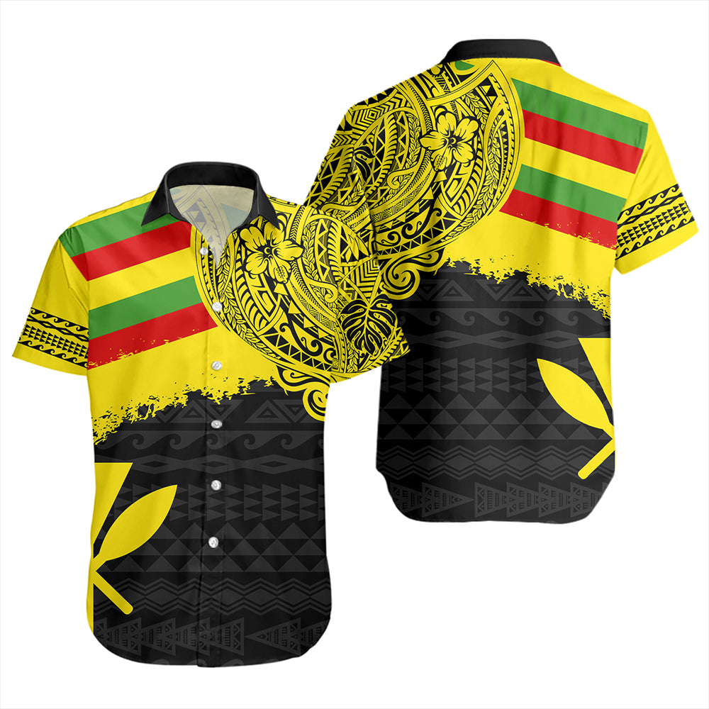 Kanaka Maoli Short Sleeve Shirt Polynesian Flag With Coat Of Arms