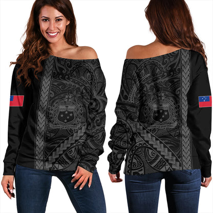 Samoa Off Shoulder Sweatshirt Tribal Polynesian Coat Of Arms Gray