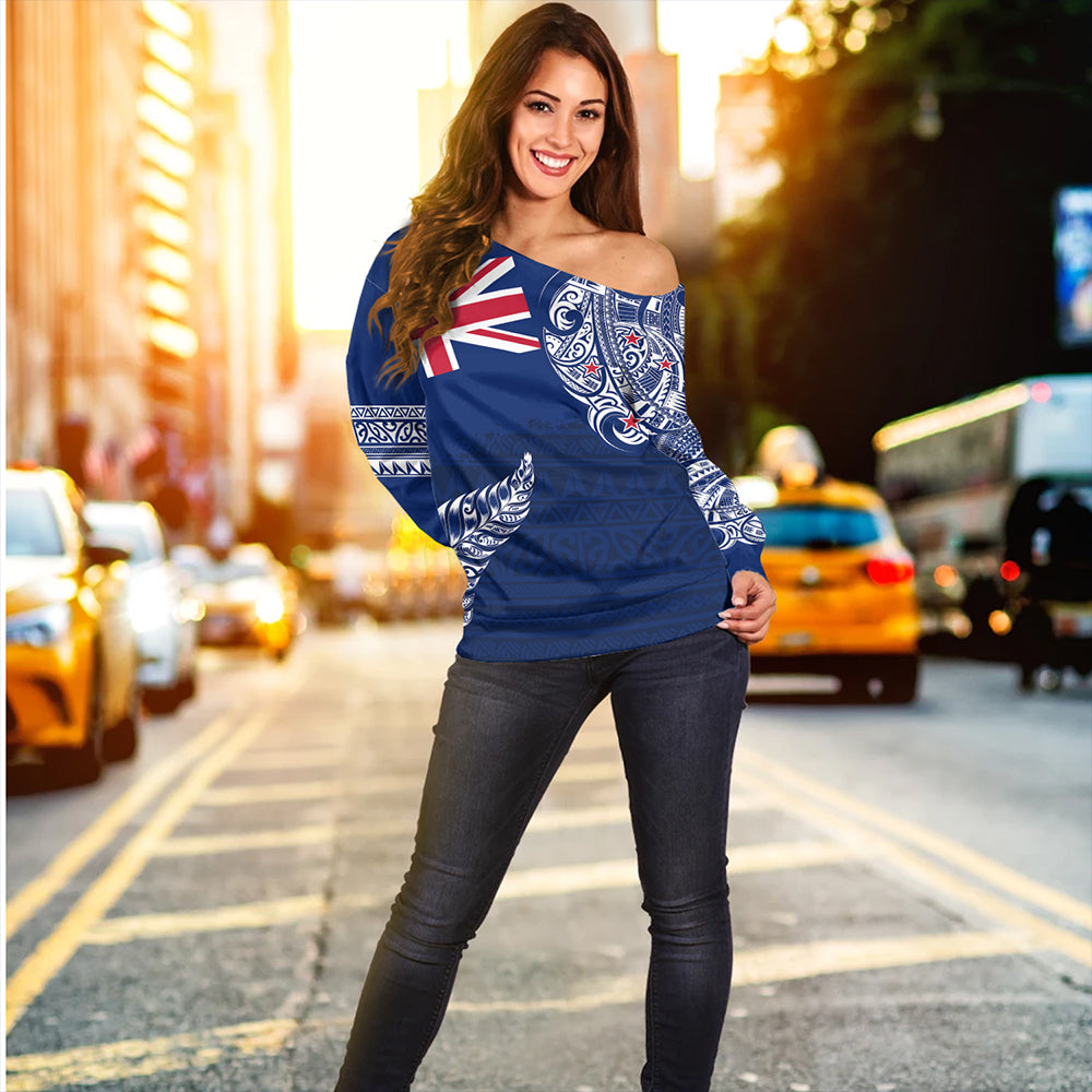 New Zealand Off Shoulder Sweatshirt Aotearoa Maori Tribal Flag With Silver Frern