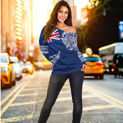 New Zealand Off Shoulder Sweatshirt Aotearoa Maori Tribal Flag With Silver Frern