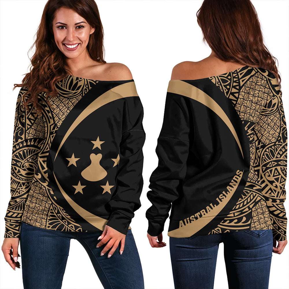 Austral Islands Off Shoulder Sweatshirt Coat Of Arm Lauhala Gold Circle