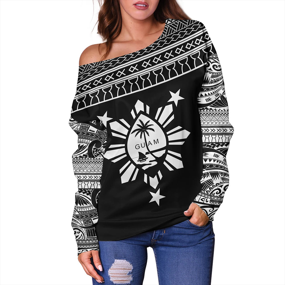 Guam Seal With Philippines Filipinos Sun Off Shoulder Sweatshirt Tribal Island