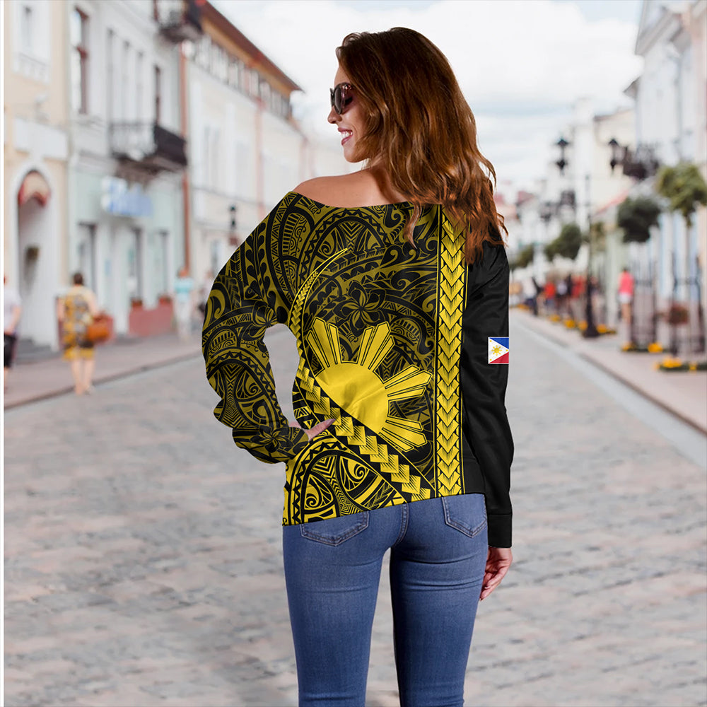 Philippines Off Shoulder Sweatshirt Tribal Polynesian Sun Yellow
