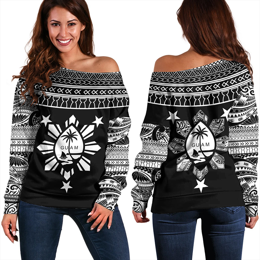 Guam Seal With Philippines Filipinos Sun Off Shoulder Sweatshirt Tribal Island