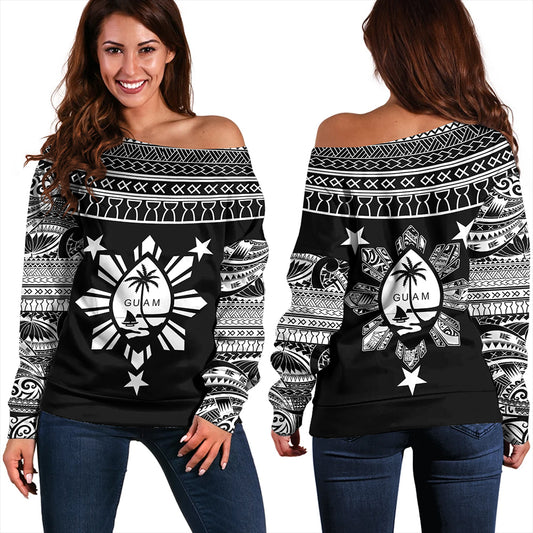 Guam Seal With Philippines Filipinos Sun Off Shoulder Sweatshirt Tribal Island