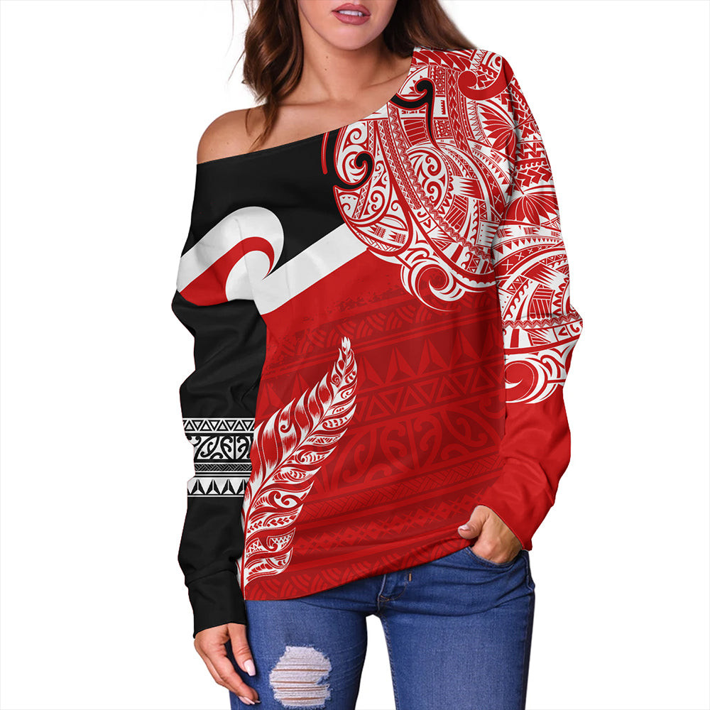 New Zealand Off Shoulder Sweatshirt Tino Rangatiratanga Maori With Silver Fern