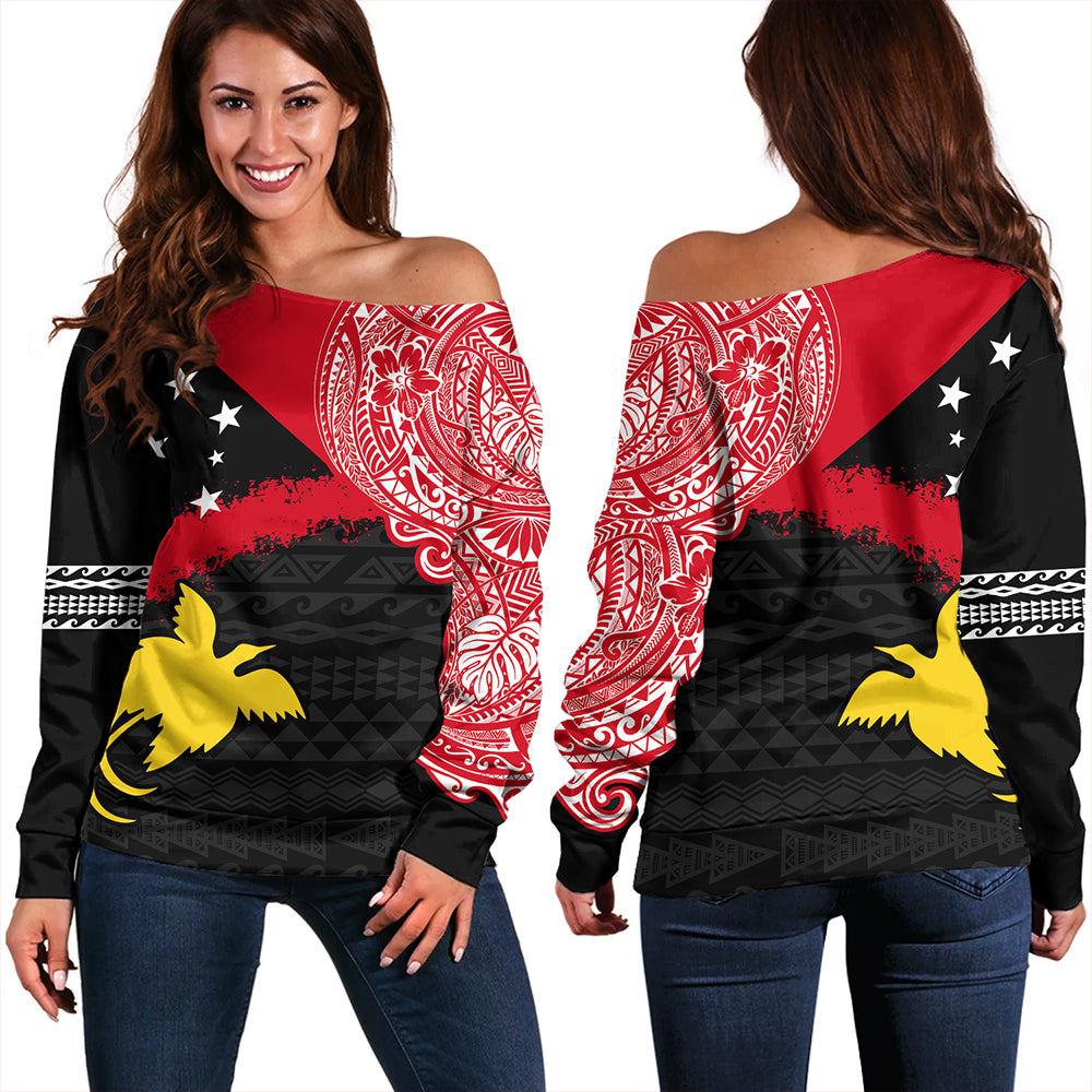 Papua Off Shoulder Sweatshirt Melanesian Flag With Coat Of Arms